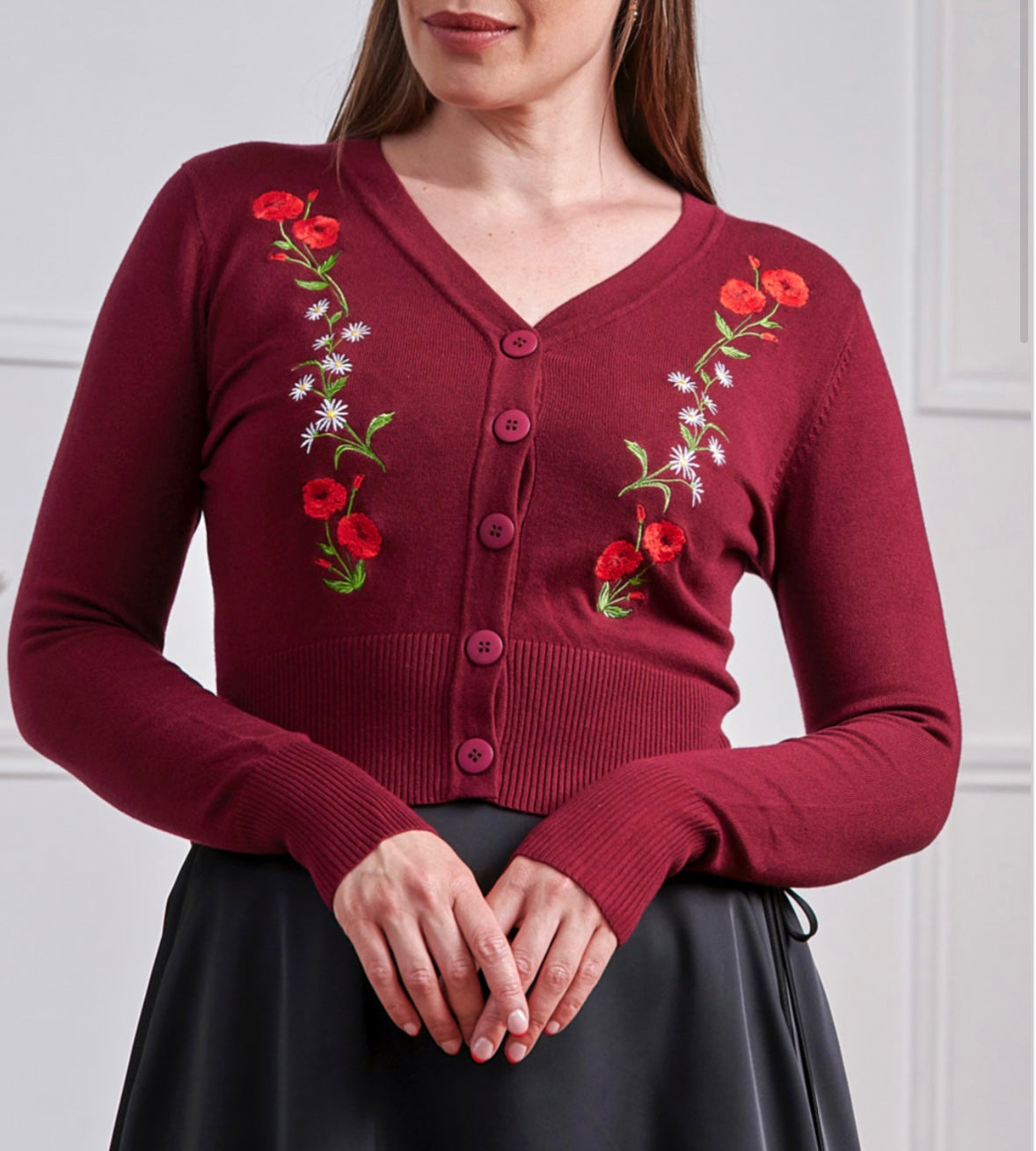 Cardigan Nara Roses and Daises burgundy