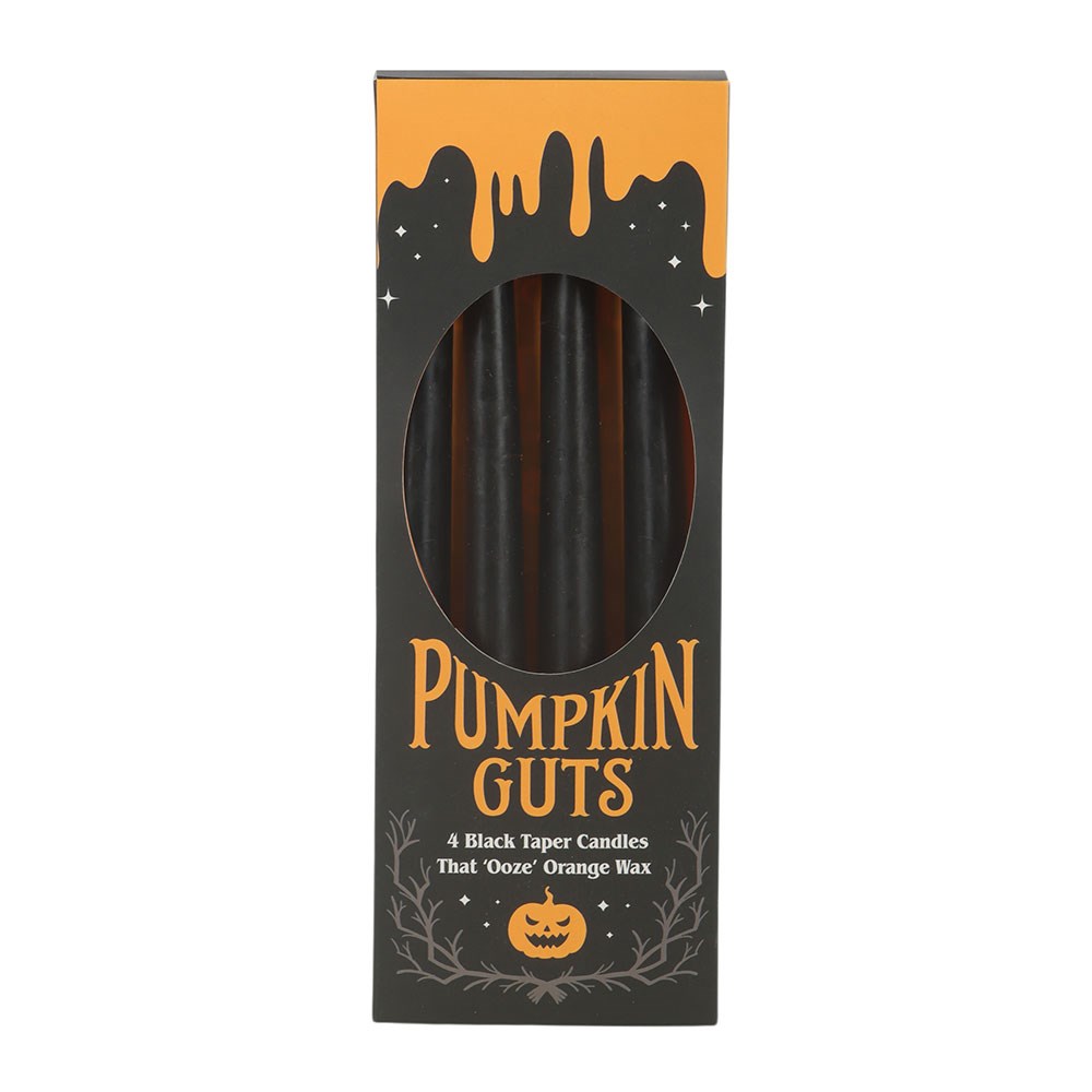 Set di 4 Candele Coniche Nere con Gocce Arancioni – "Pumpkin Guts" Halloween Taper Candles