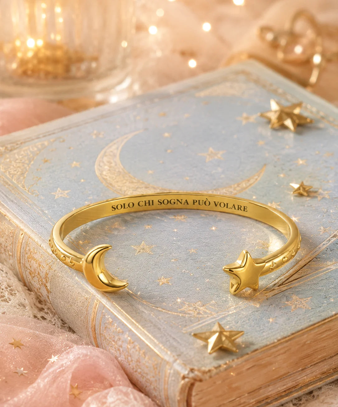 Bracciale “Solo chi sogna può volare” con luna e stella in acciaio 316L