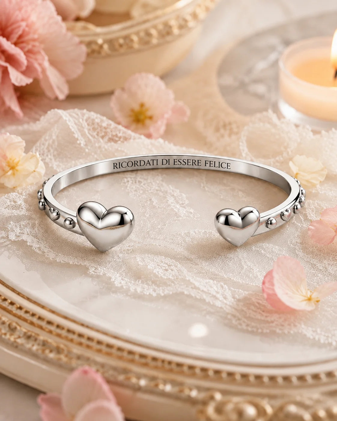 Bracciale “Ricordati di essere felice” con due cuori in acciaio 316L