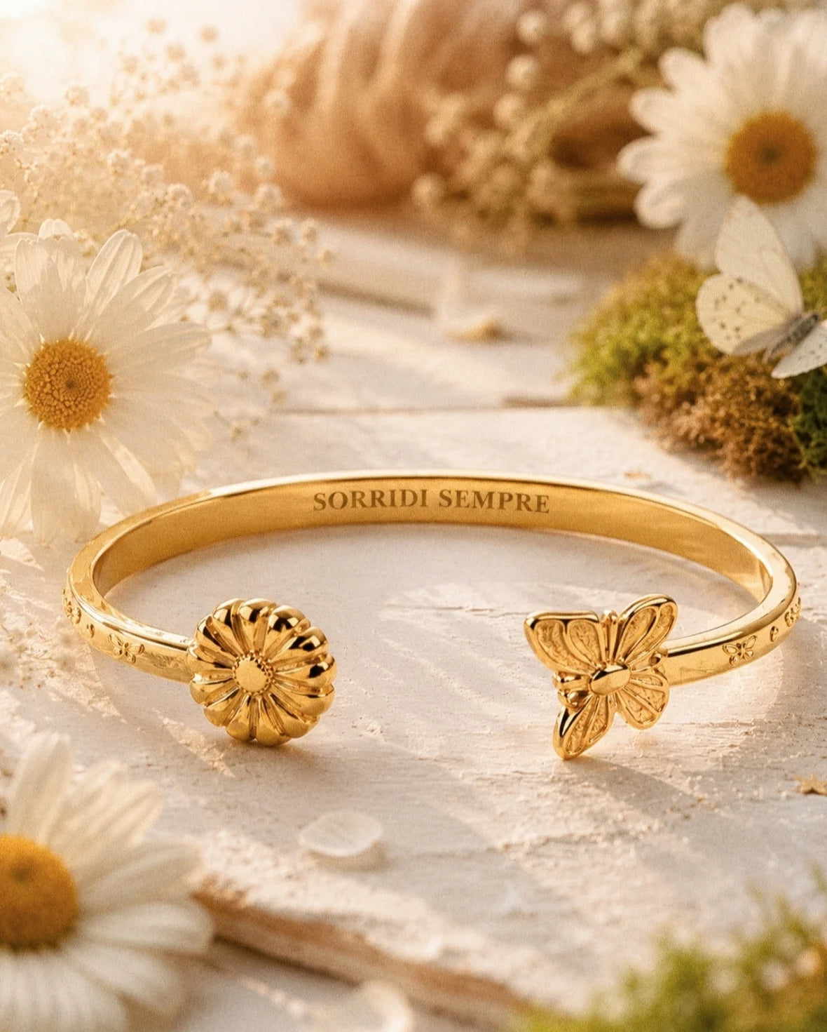 Bracciale “Sorridi sempre” con farfalla e margherita in acciaio 316L