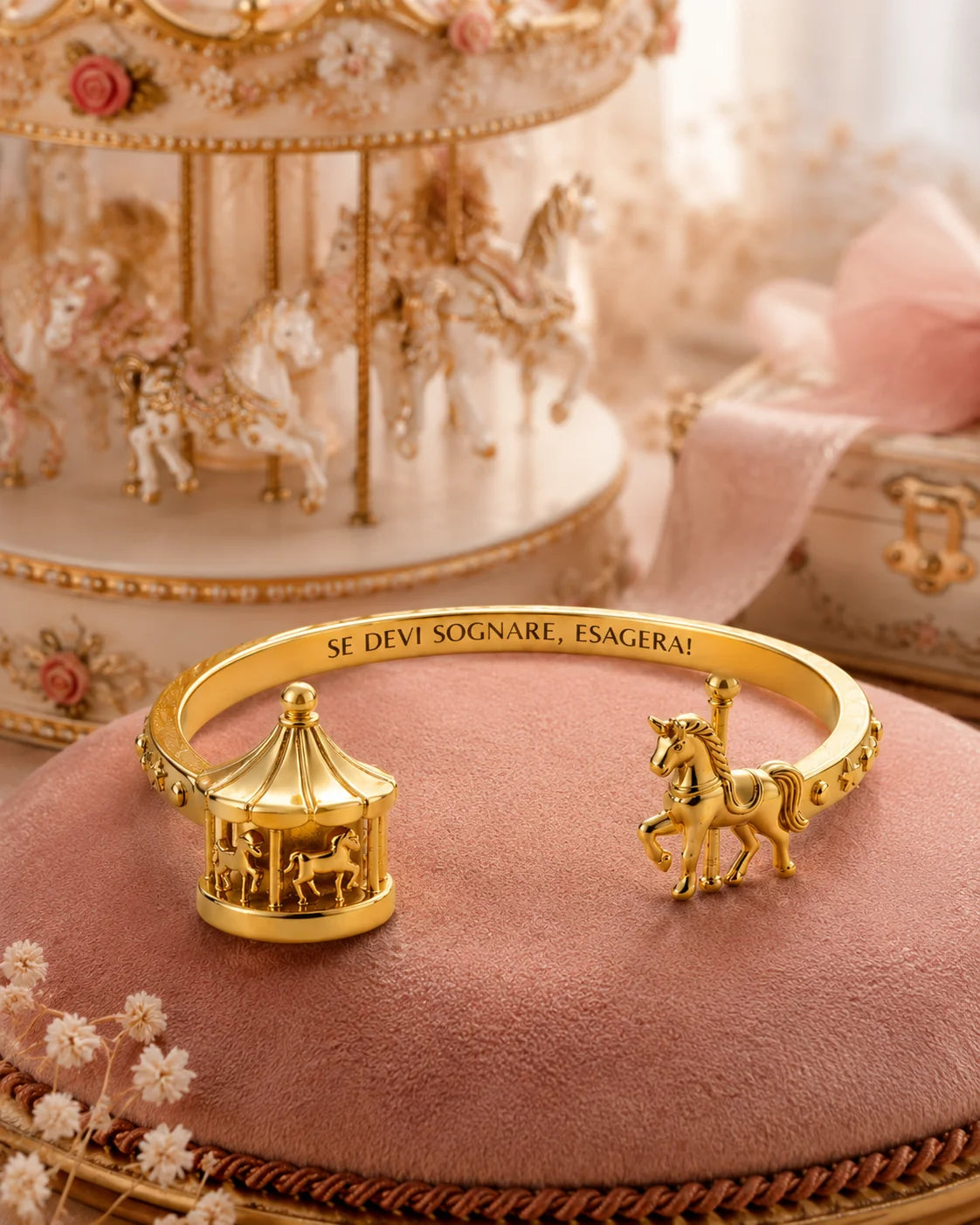 Bracciale “Se devi sognare, esagera!” con carosello e cavallo in acciaio 316L