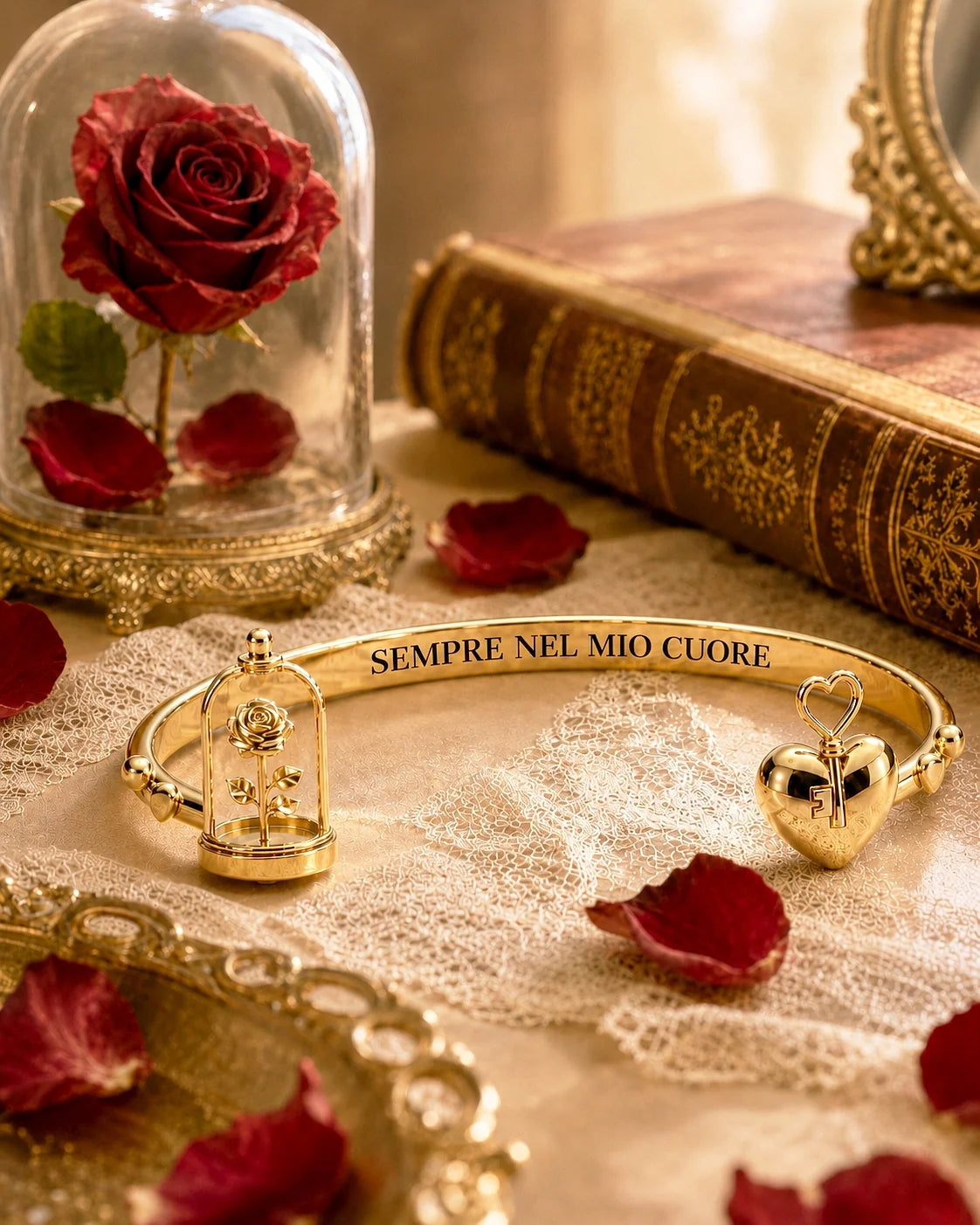 Bracciale “Sempre nel mio cuore” con rosa e chiave in acciaio 316L