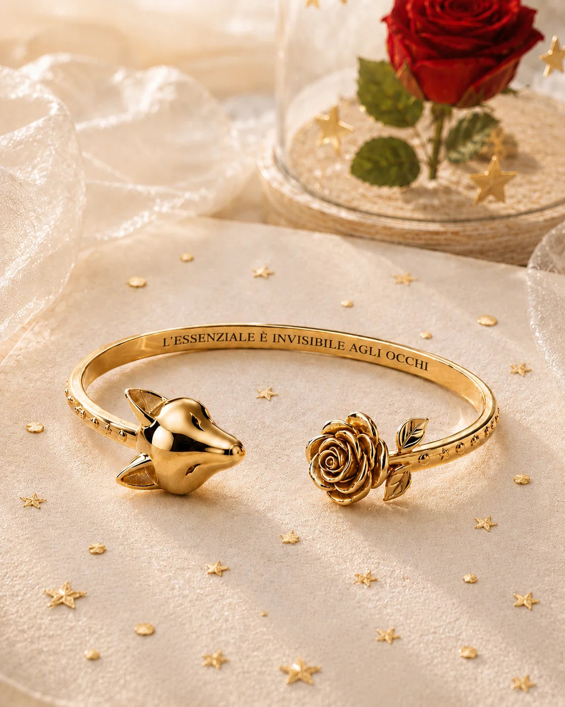 Bracciale “L’essenziale è invisibile agli occhi” con volpe e rosa in acciaio 316L