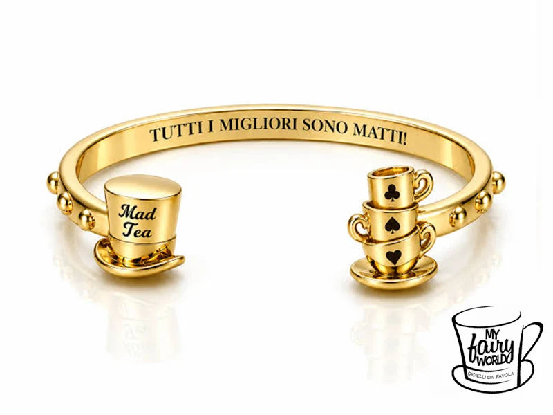 Bracciale “Tutti i migliori sono matti!” con cilindro e tazzine in acciaio 316L