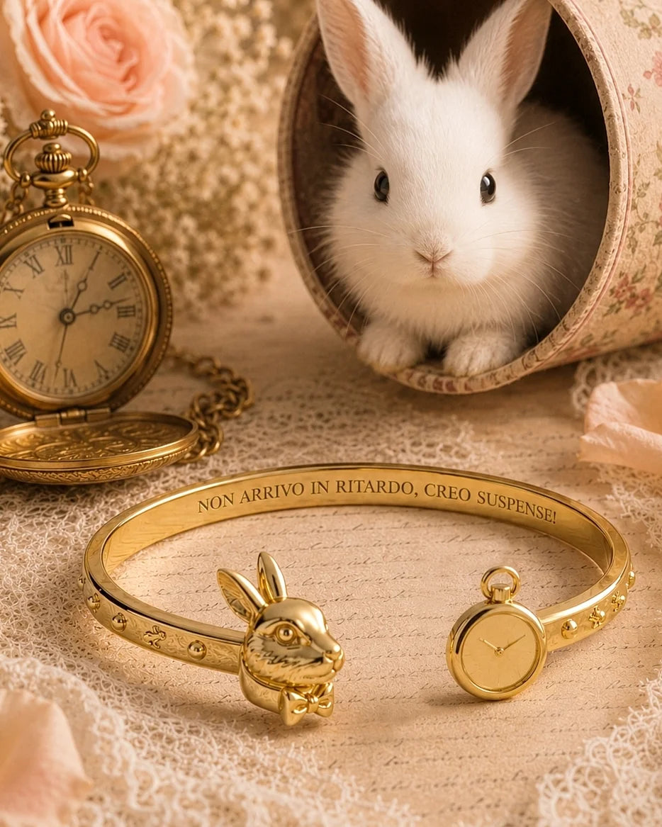 Bracciale “Non arrivo in ritardo, creo suspense!” con Bianconiglio e orologio in acciaio 316L