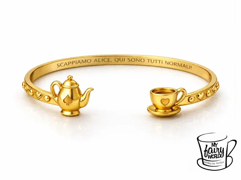 Bracciale “Scappiamo Alice, qui sono tutti normali!” con teiera e tazzina in acciaio 316L