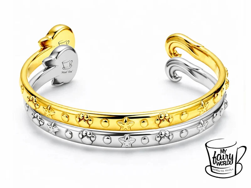 Bracciale “Siamo tutti matti qui!” con gatto del Cheshire in acciaio 316L