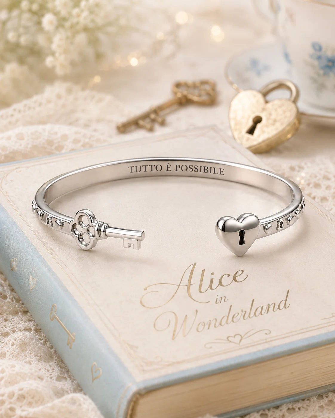 Bracciale “Tutto è possibile” con chiave e serratura a cuore in acciaio 316L