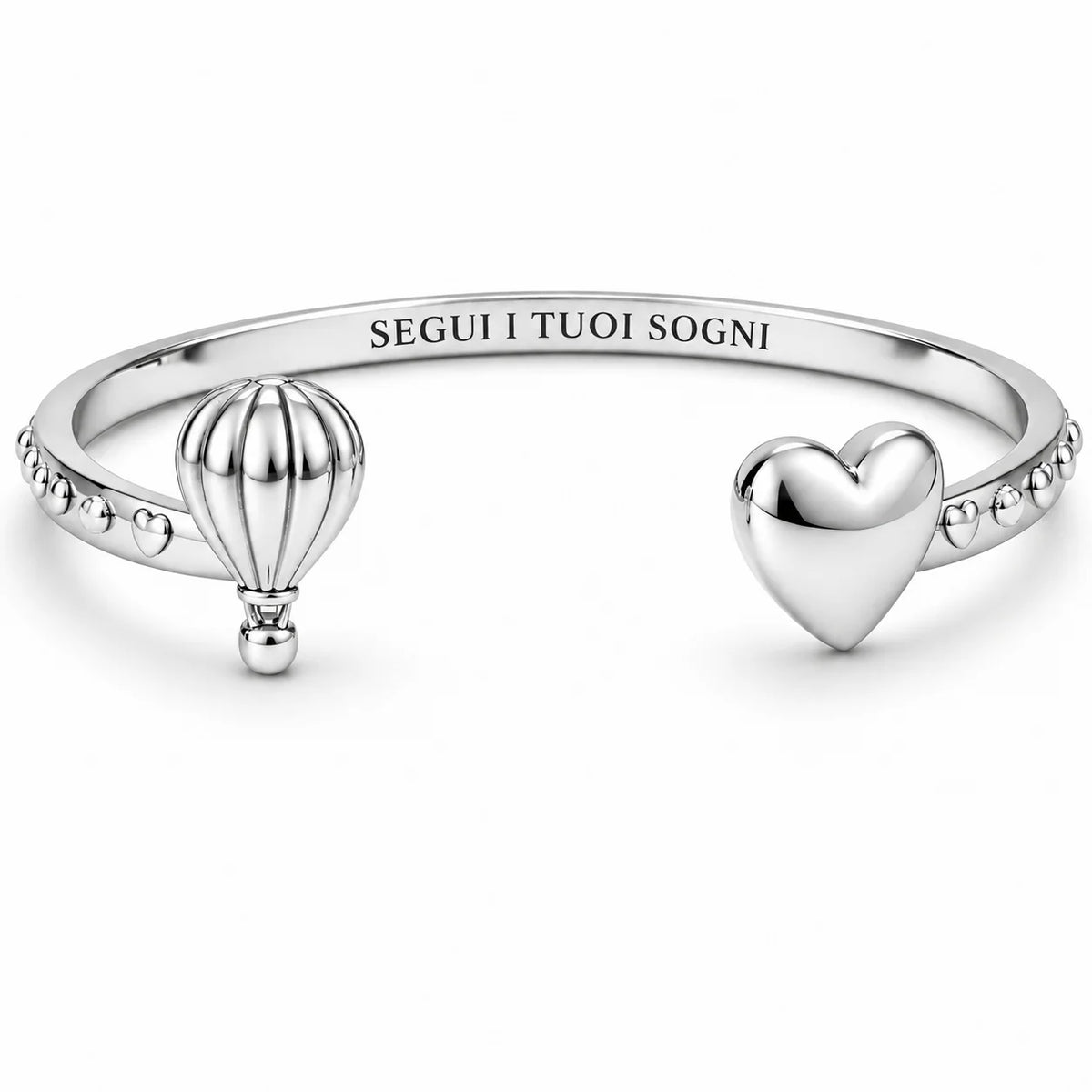 Bracciale “Segui i tuoi sogni” con mongolfiera e cuore in acciaio 316L