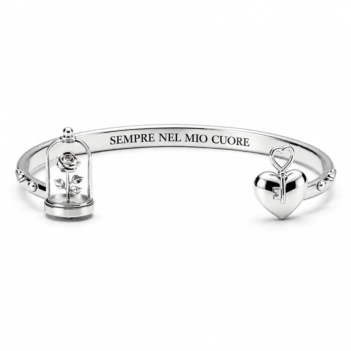 Bracciale “Sempre nel mio cuore” con rosa e chiave in acciaio 316L