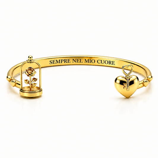 Bracciale “Sempre nel mio cuore” con rosa e chiave in acciaio 316L