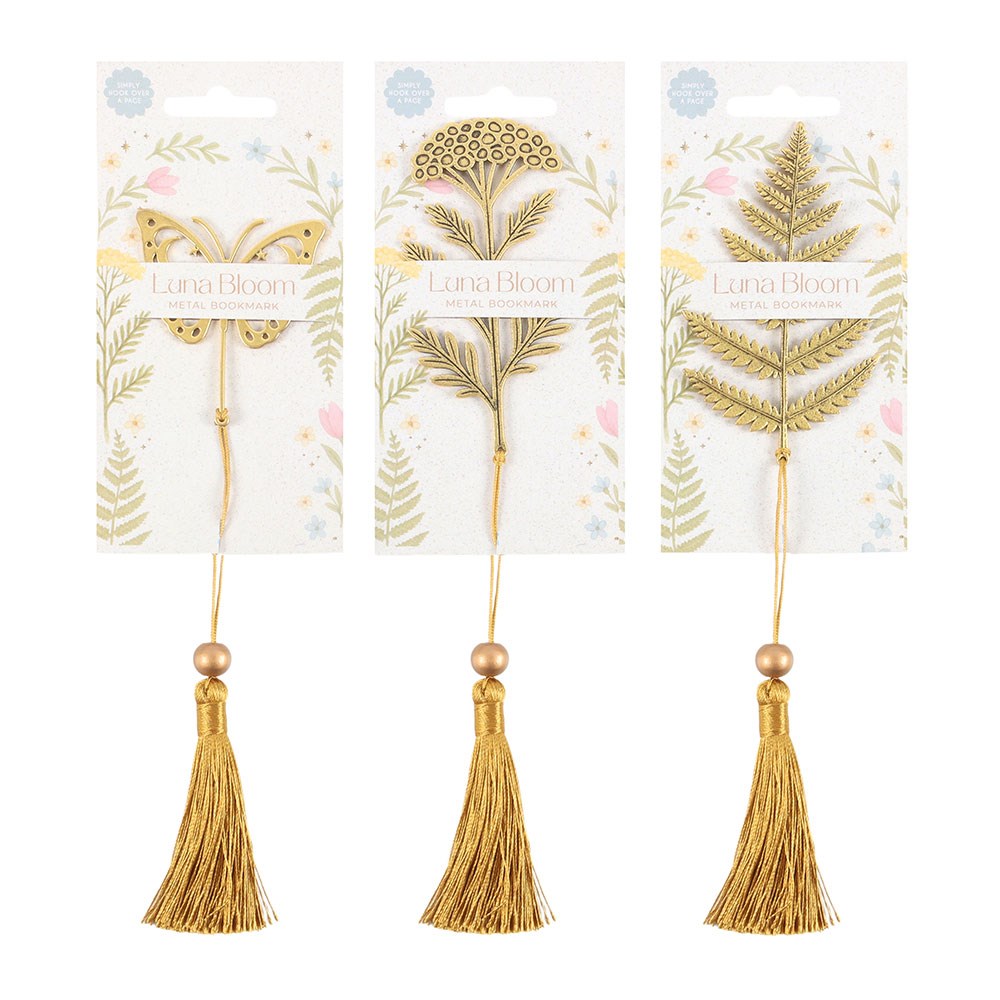 Segnalibro in metallo con nappina – Luna Bloom, tre fantasie