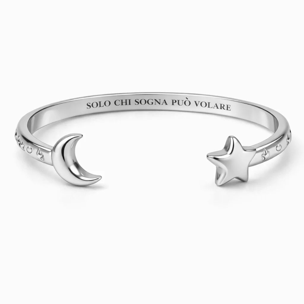 Bracciale “Solo chi sogna può volare” con luna e stella in acciaio 316L