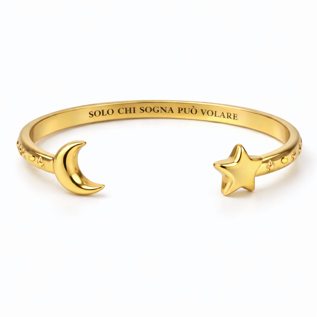 Bracciale “Solo chi sogna può volare” con luna e stella in acciaio 316L