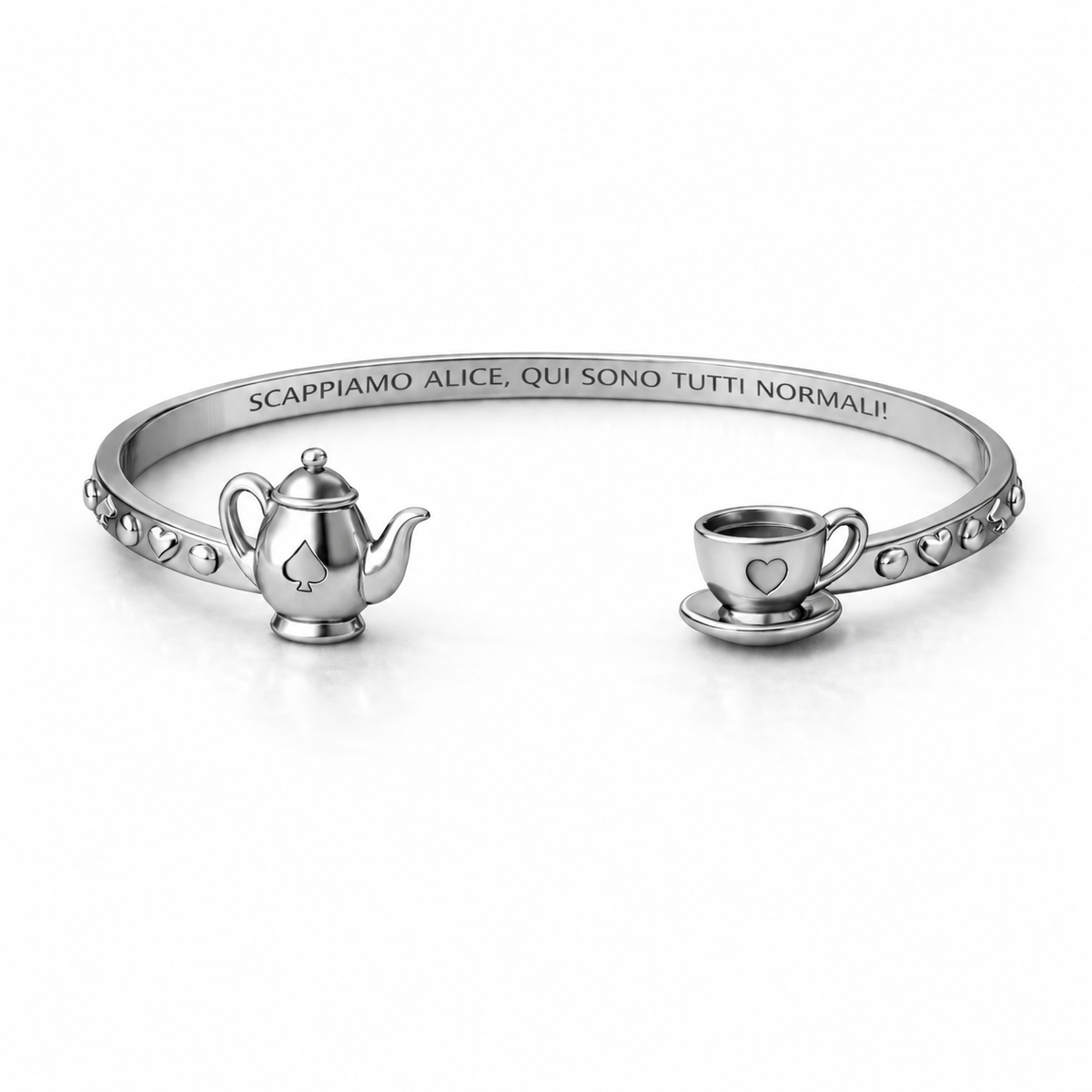 Bracciale “Scappiamo Alice, qui sono tutti normali!” con teiera e tazzina in acciaio 316L
