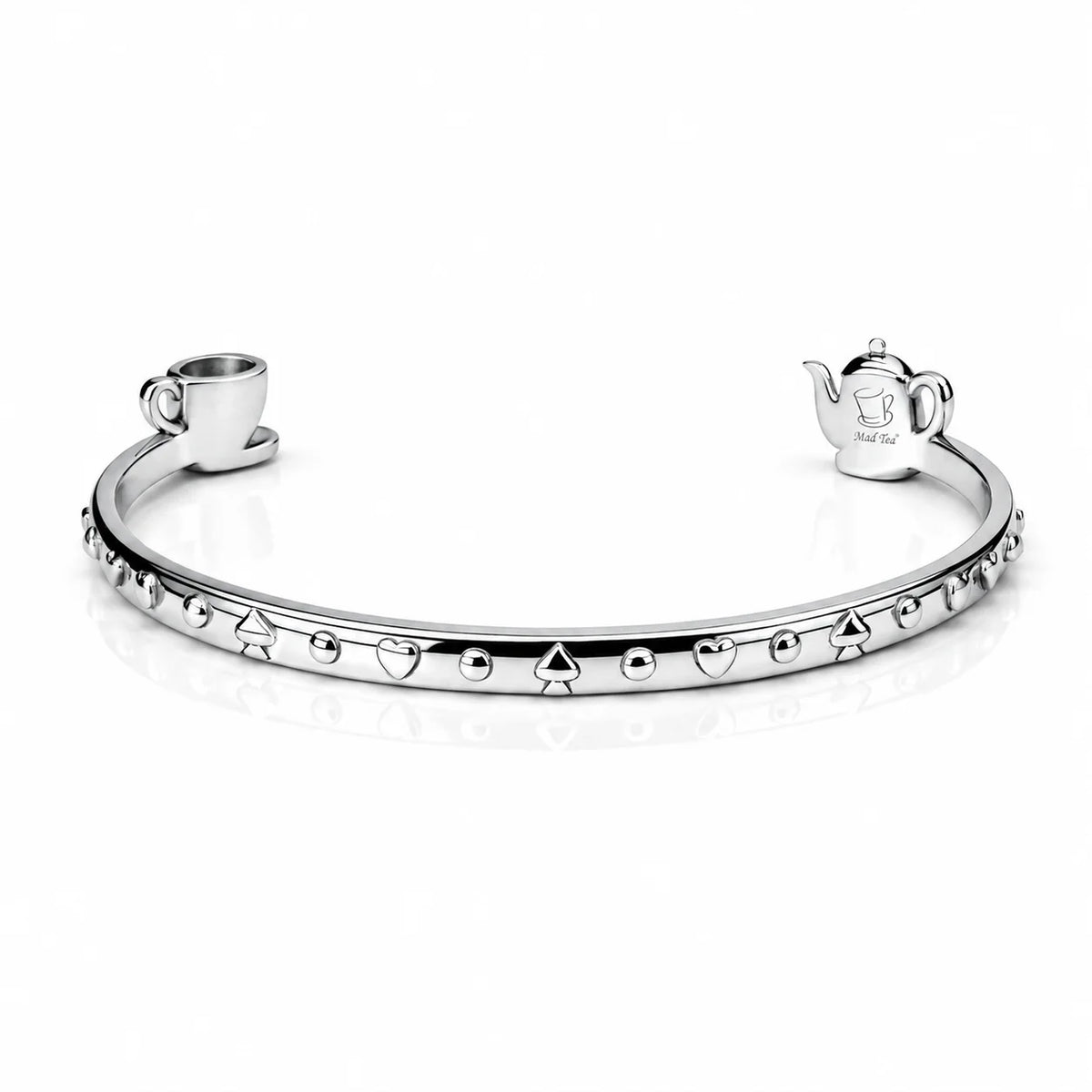 Bracciale “Scappiamo Alice, qui sono tutti normali!” con teiera e tazzina in acciaio 316L