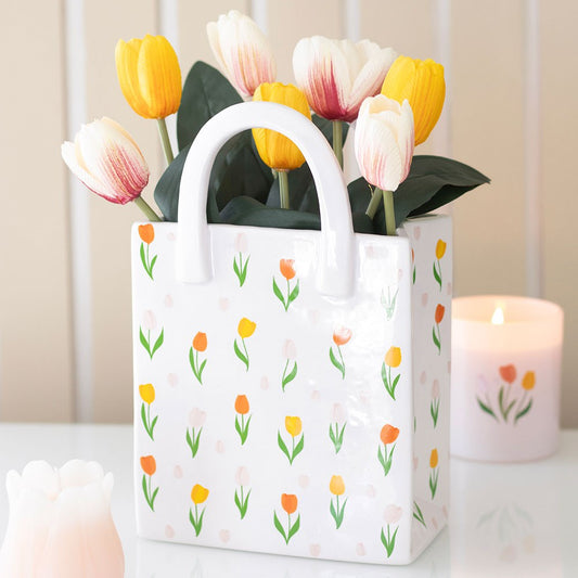 PREORDINE (In arrivo dal 3 agosto) Vaso in Ceramica Cottagecore a Forma di Borsa con Stampa Tulipani – Design Originale e Colorato