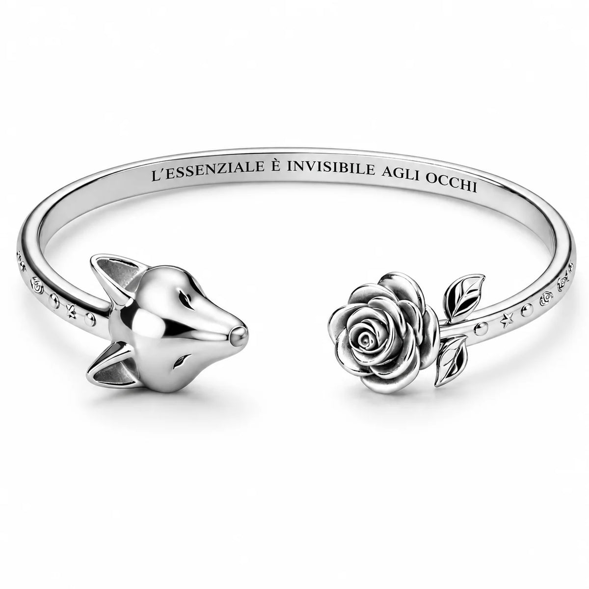 Bracciale “L’essenziale è invisibile agli occhi” con volpe e rosa in acciaio 316L