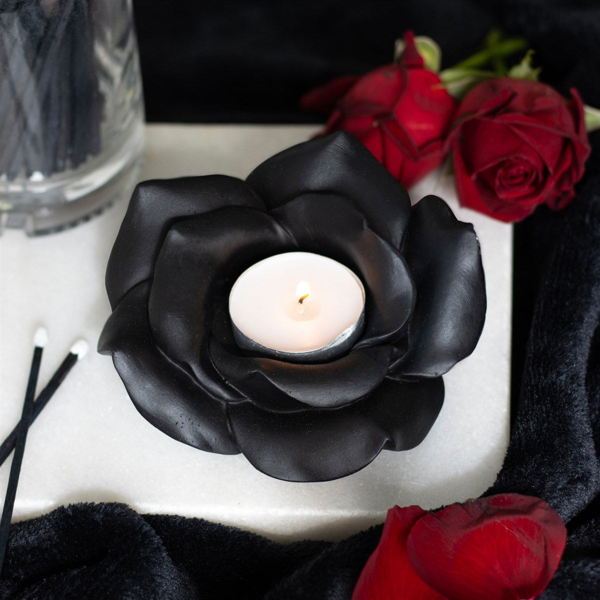 Portacandela tealight a forma di rosa nera in resina
