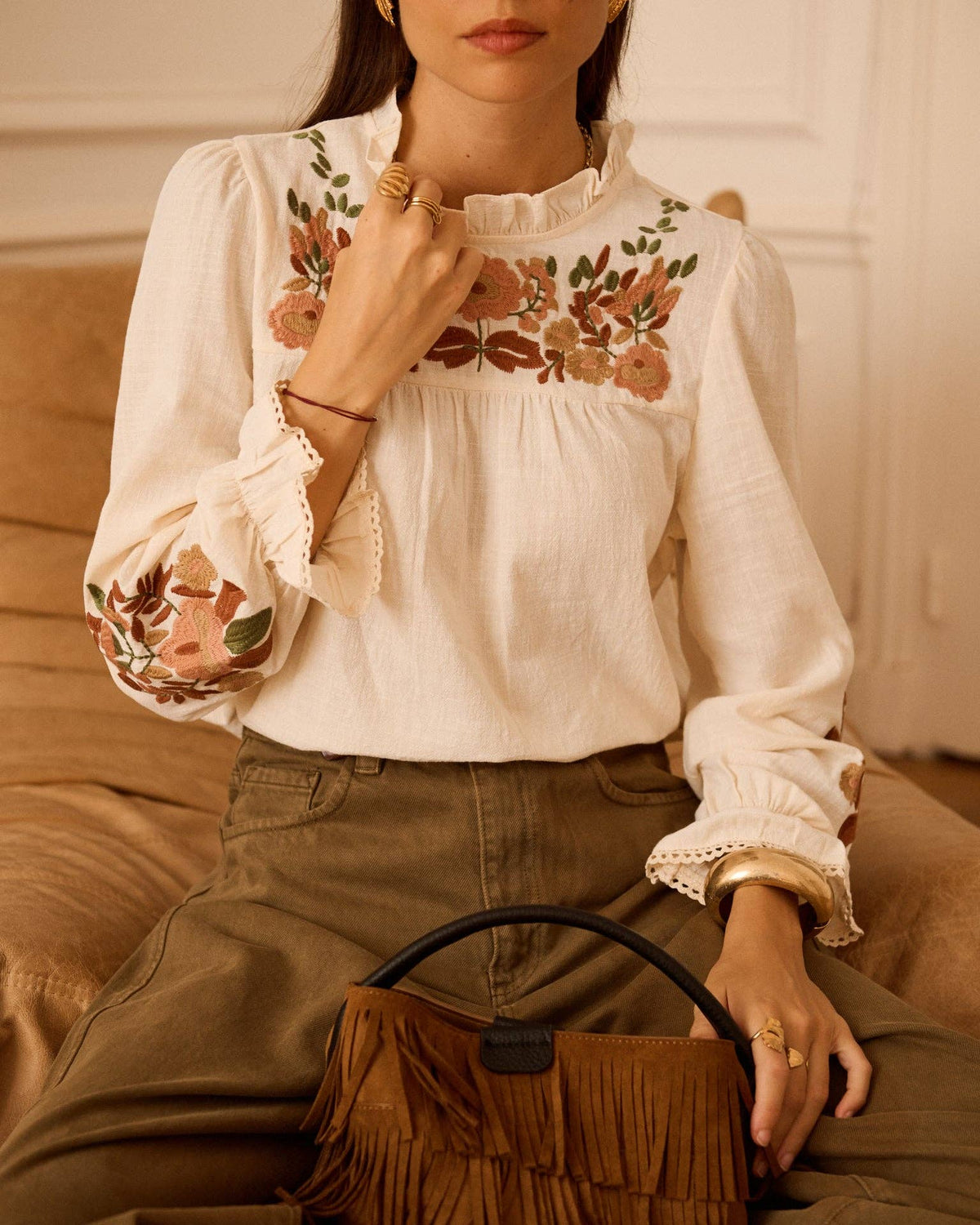 Blusa Giardino d’Autunno écru in cotone ricamato
