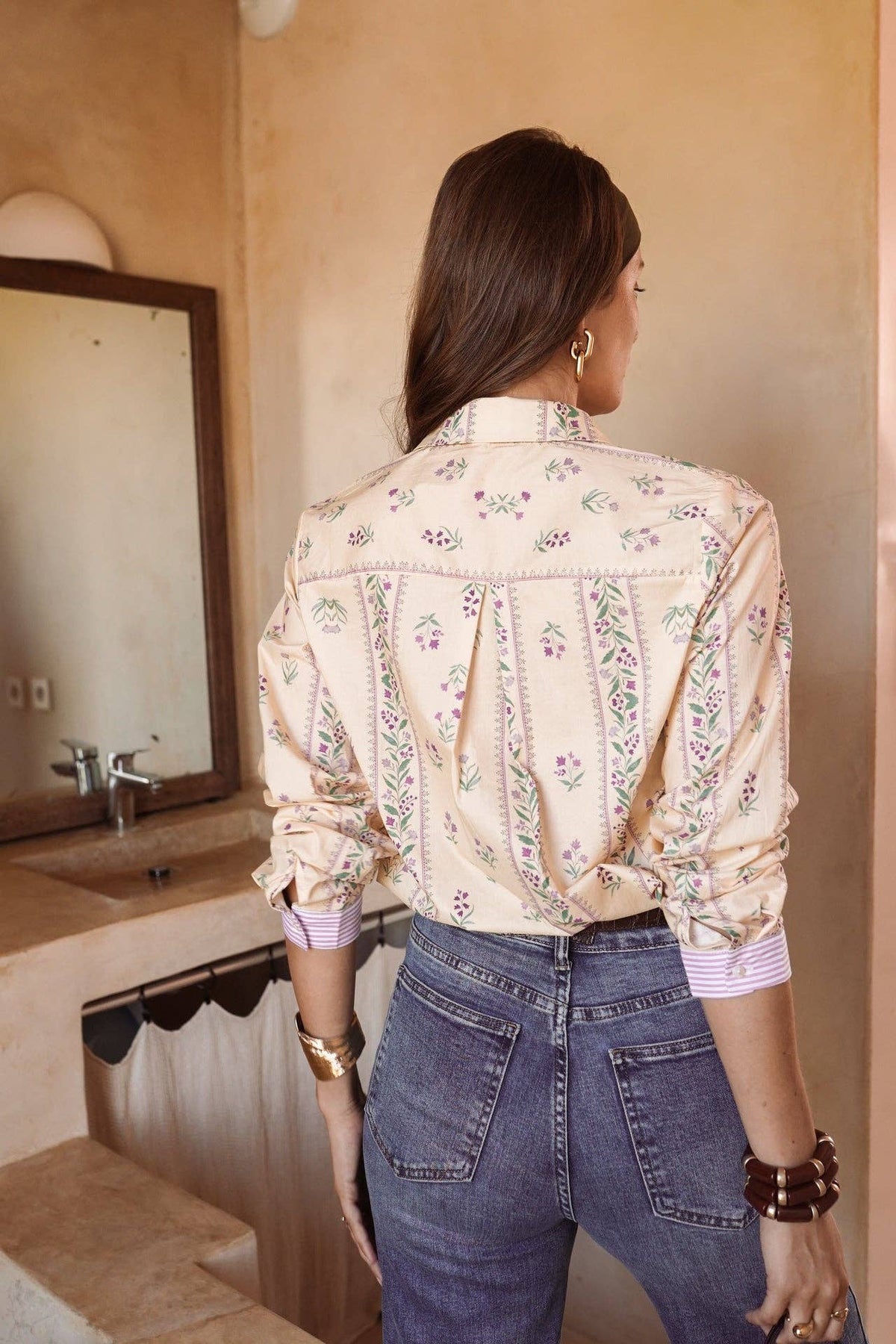 Camicia Bérilia beige in cotone con stampa floreale