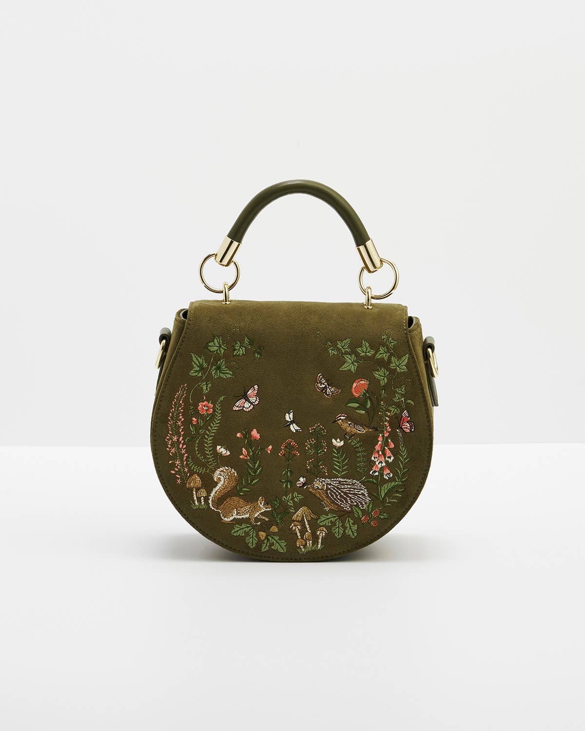 Borsa a sella Charlotte Meadow ricamata in suedette kaki - Fable England
