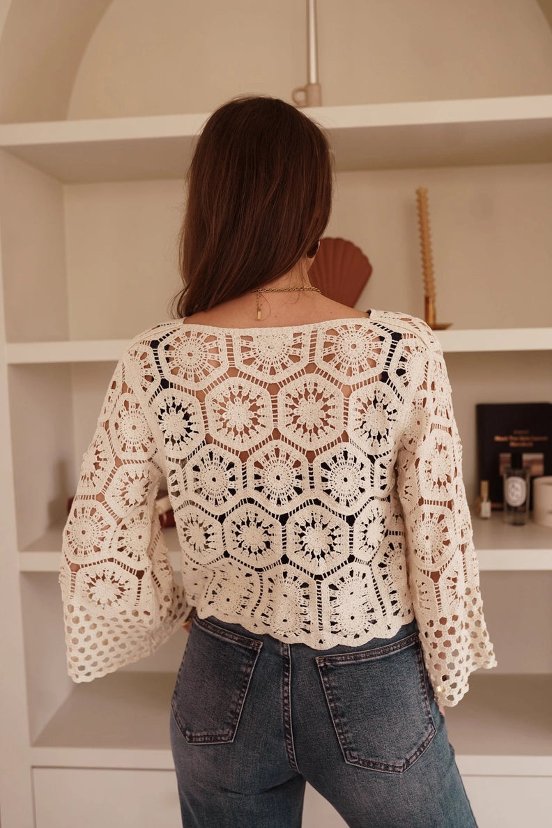 Cardigan Cropped in Crochet Veya a Motivi Geometrici – Crema