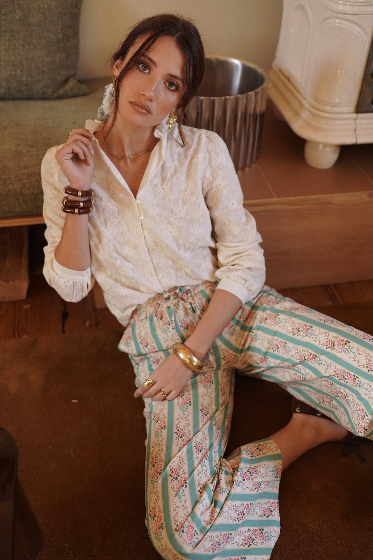 Pantaloni Larghi in Cotone Pauline con Stampa Floreale e Righe - Verdi