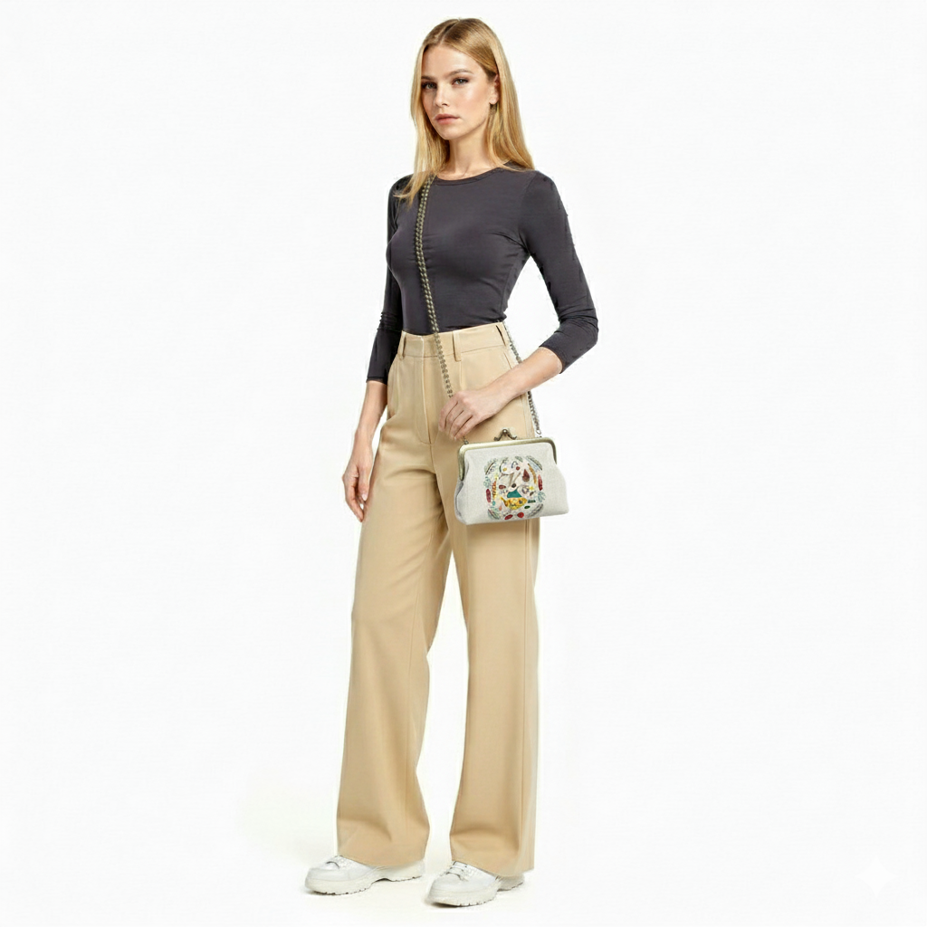 Borsetta kisslock Bunny in misto lino e cotone ricamata