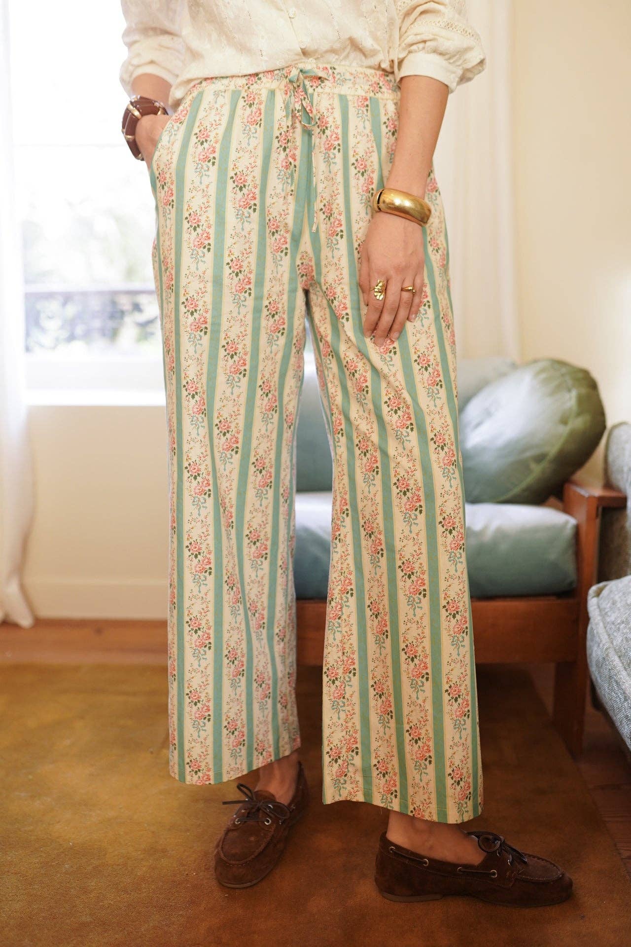 Pantaloni Larghi in Cotone Pauline con Stampa Floreale e Righe - Verdi