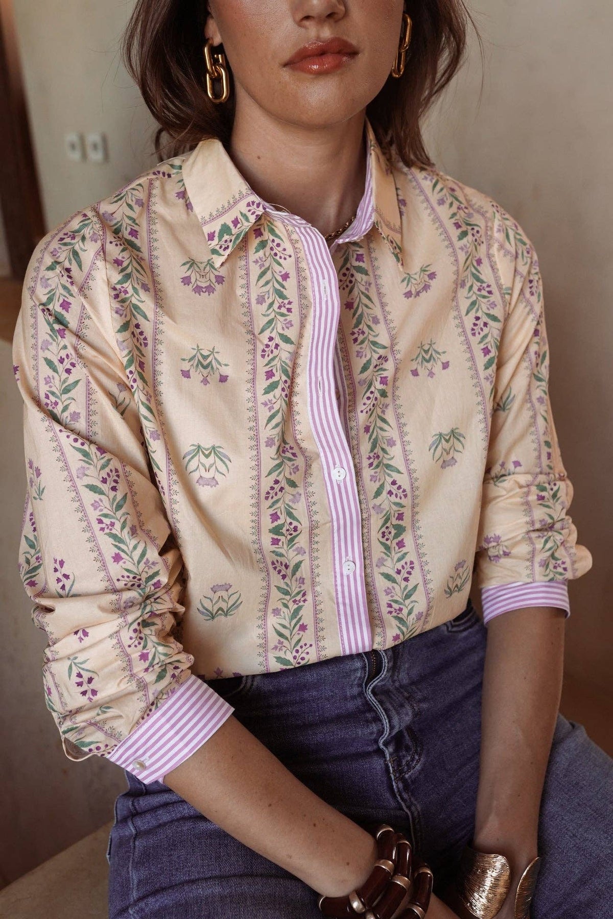 Camicia Bérilia beige in cotone con stampa floreale