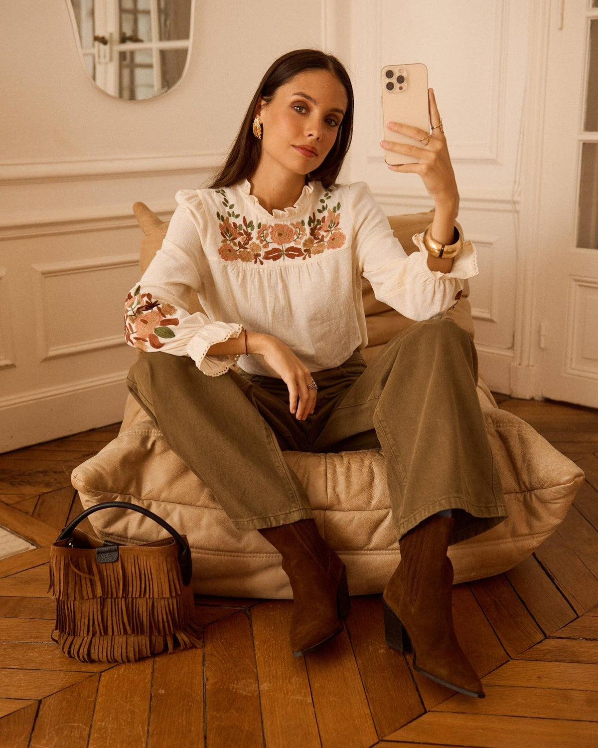 Blusa Giardino d’Autunno écru in cotone ricamato