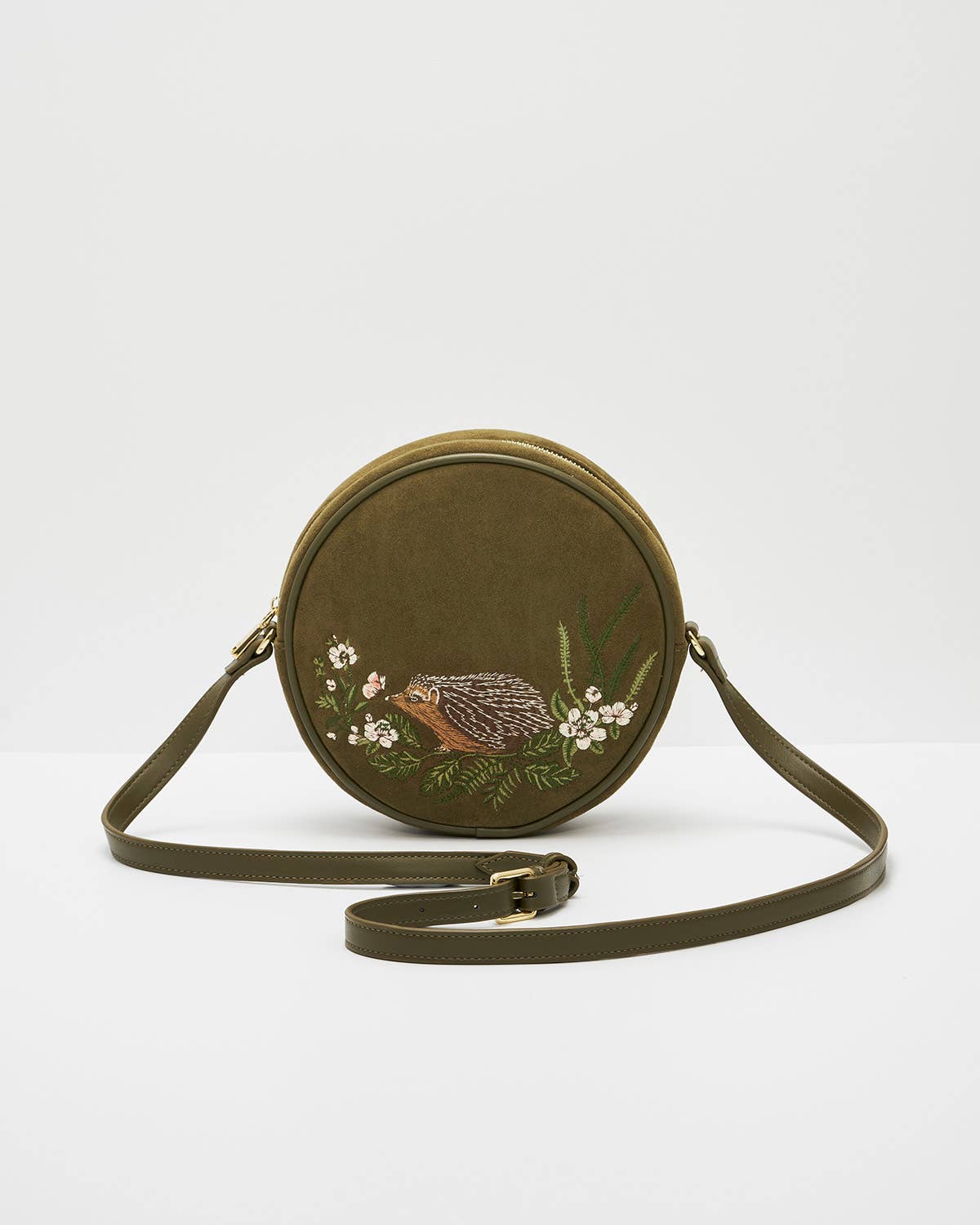 Borsa tonda Chloe Hedgehog ricamata in suedette kaki - Fable England