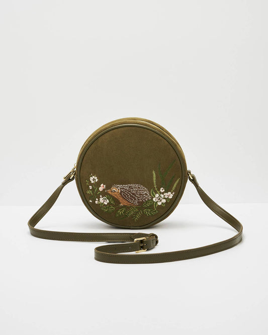 Borsa tonda Chloe Hedgehog ricamata in suedette kaki - Fable England