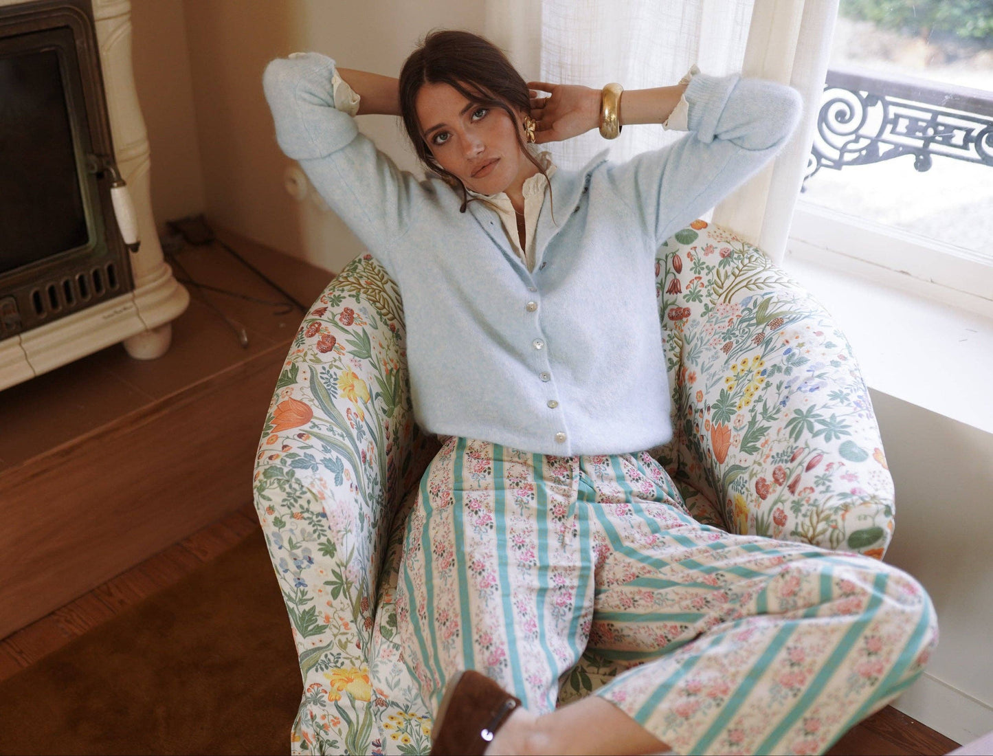 Pantaloni Larghi in Cotone Pauline con Stampa Floreale e Righe - Verdi