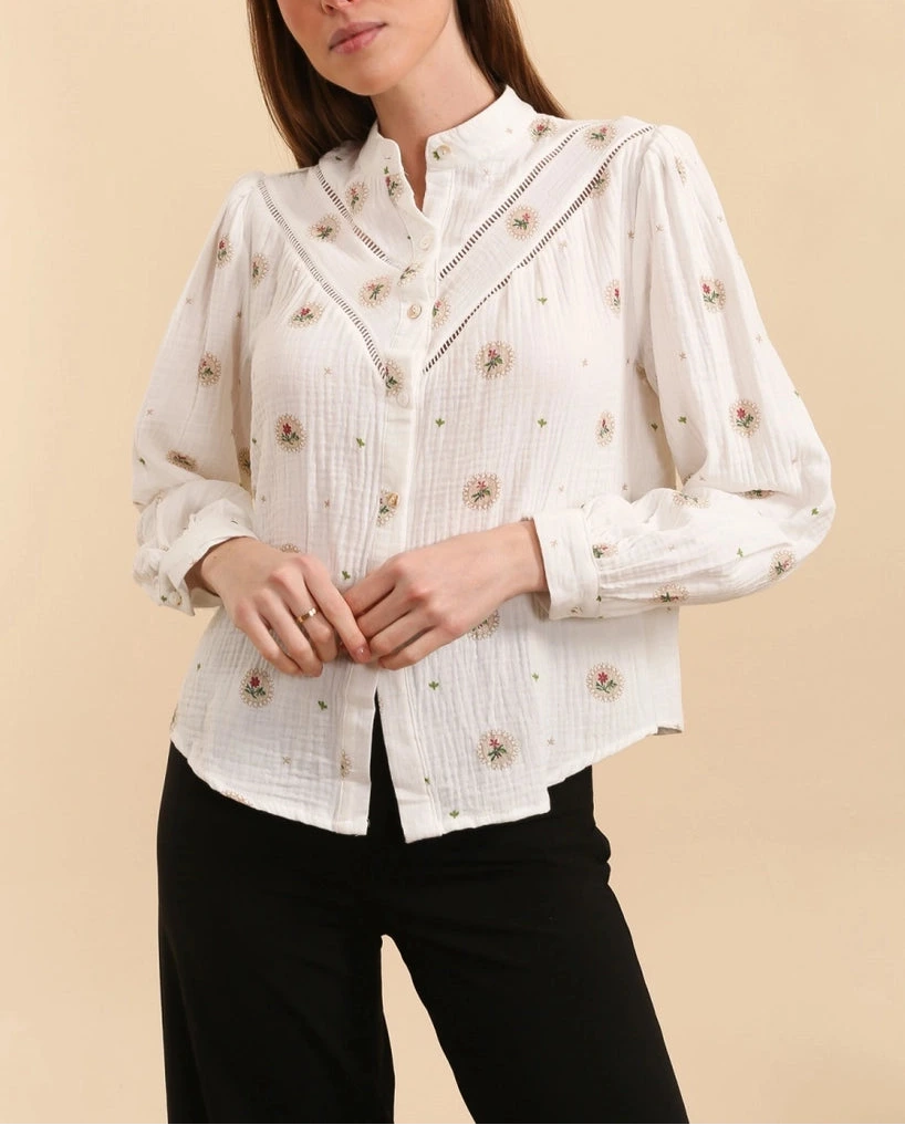 Blusa bohémien francese romantica in mussola di cotone con ricami floreali -  in 2 colori