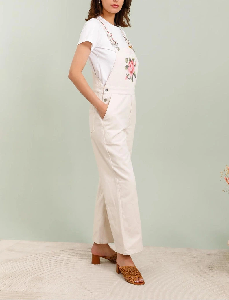 Salopette in Cotone Boho-Chic con Ricamo Floreale Pixel