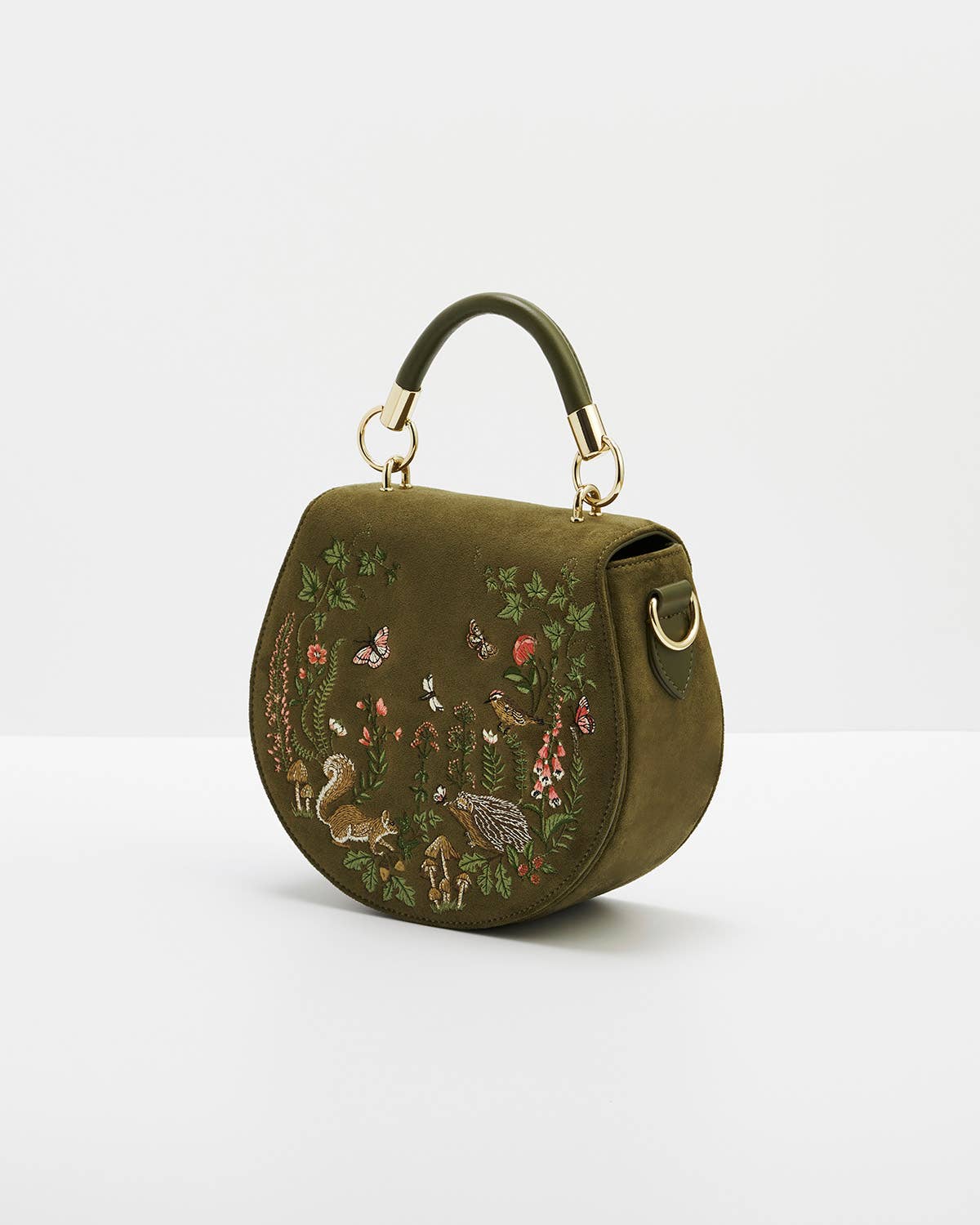 Borsa a sella Charlotte Meadow ricamata in suedette kaki - Fable England
