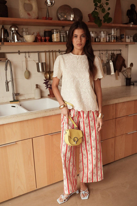 Pantaloni Larghi in Cotone Pauline con Stampa Floreale e Righe - Rosa