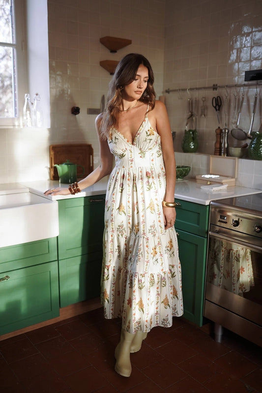 Abito Maxi Floriane in Cotone a Balze con Scollo a Cuore