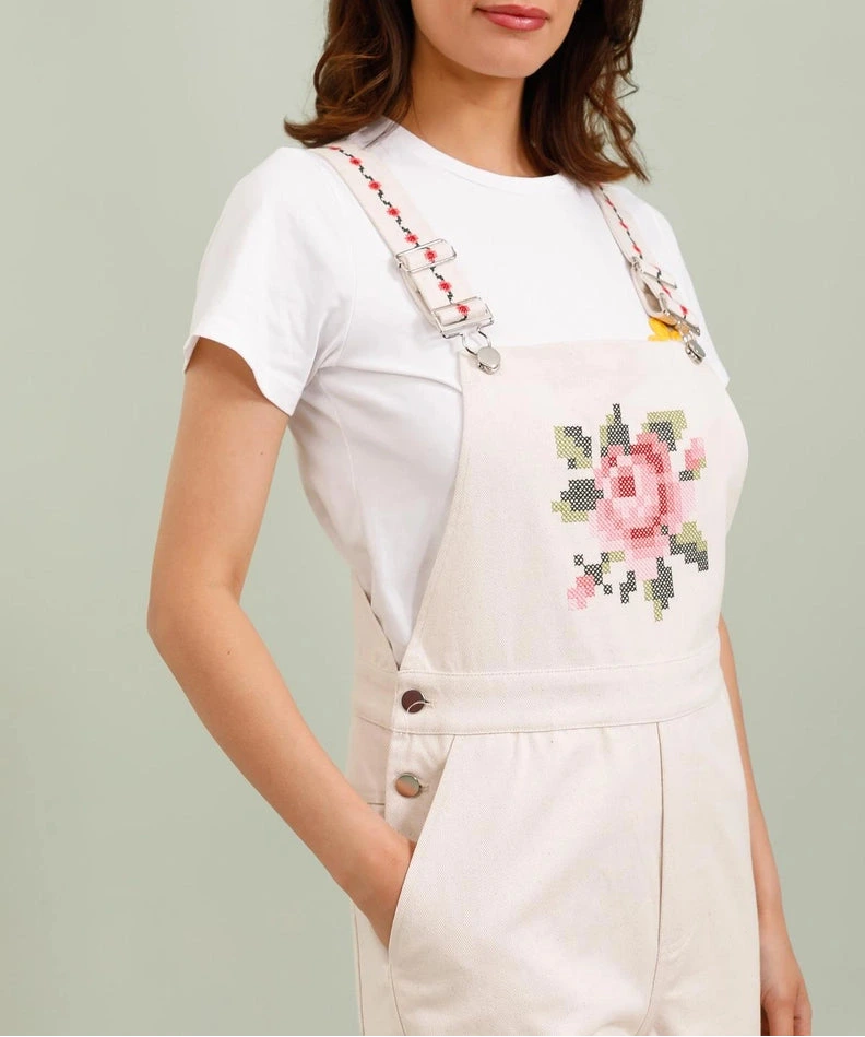 Salopette in Cotone Boho-Chic con Ricamo Floreale Pixel