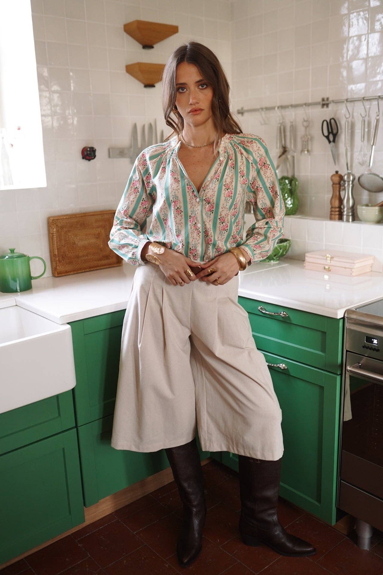 Camicia in Cotone Kira Verde– Righe e Micro-Fiori