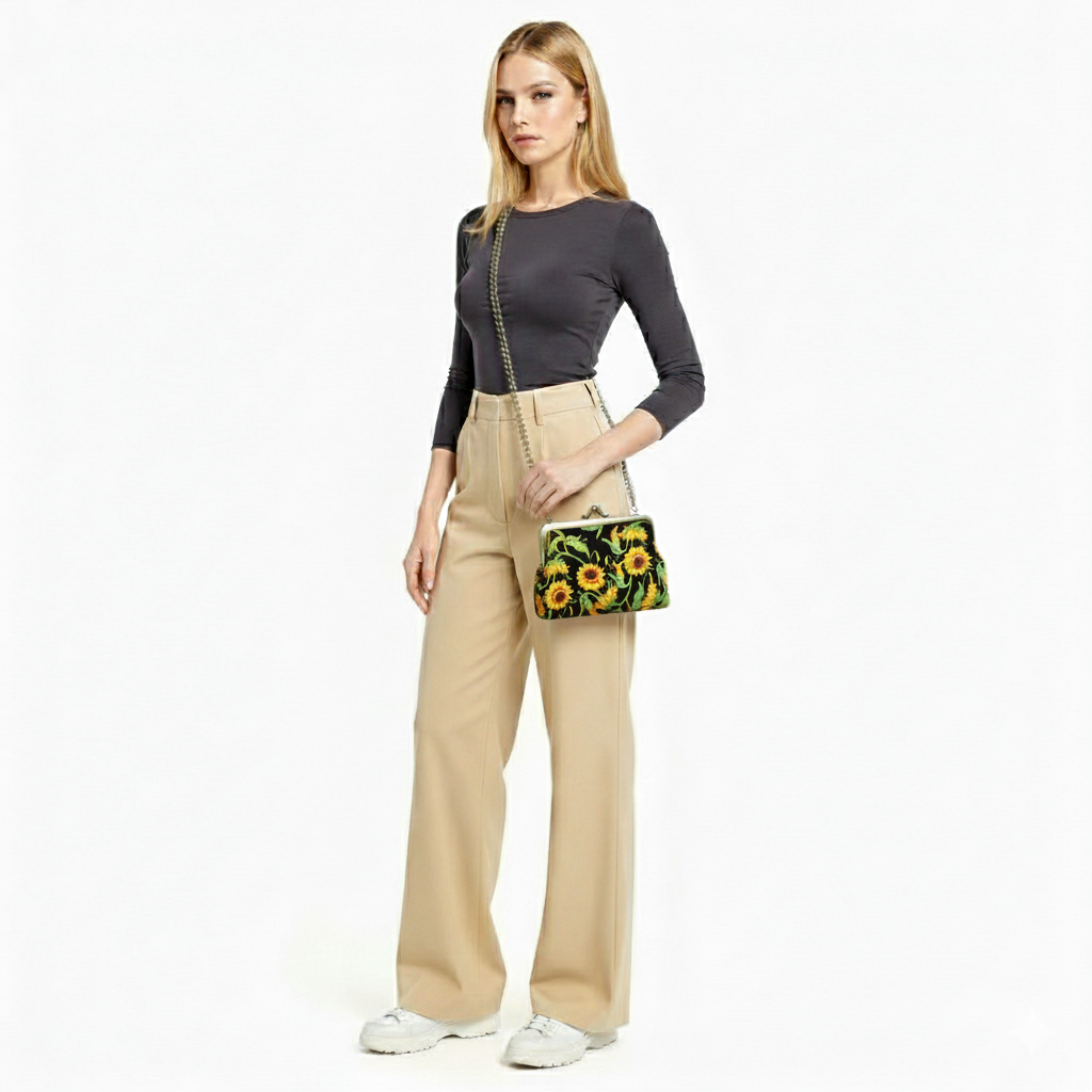 Borsetta kisslock Sunflower in misto lino e cotone ricamata