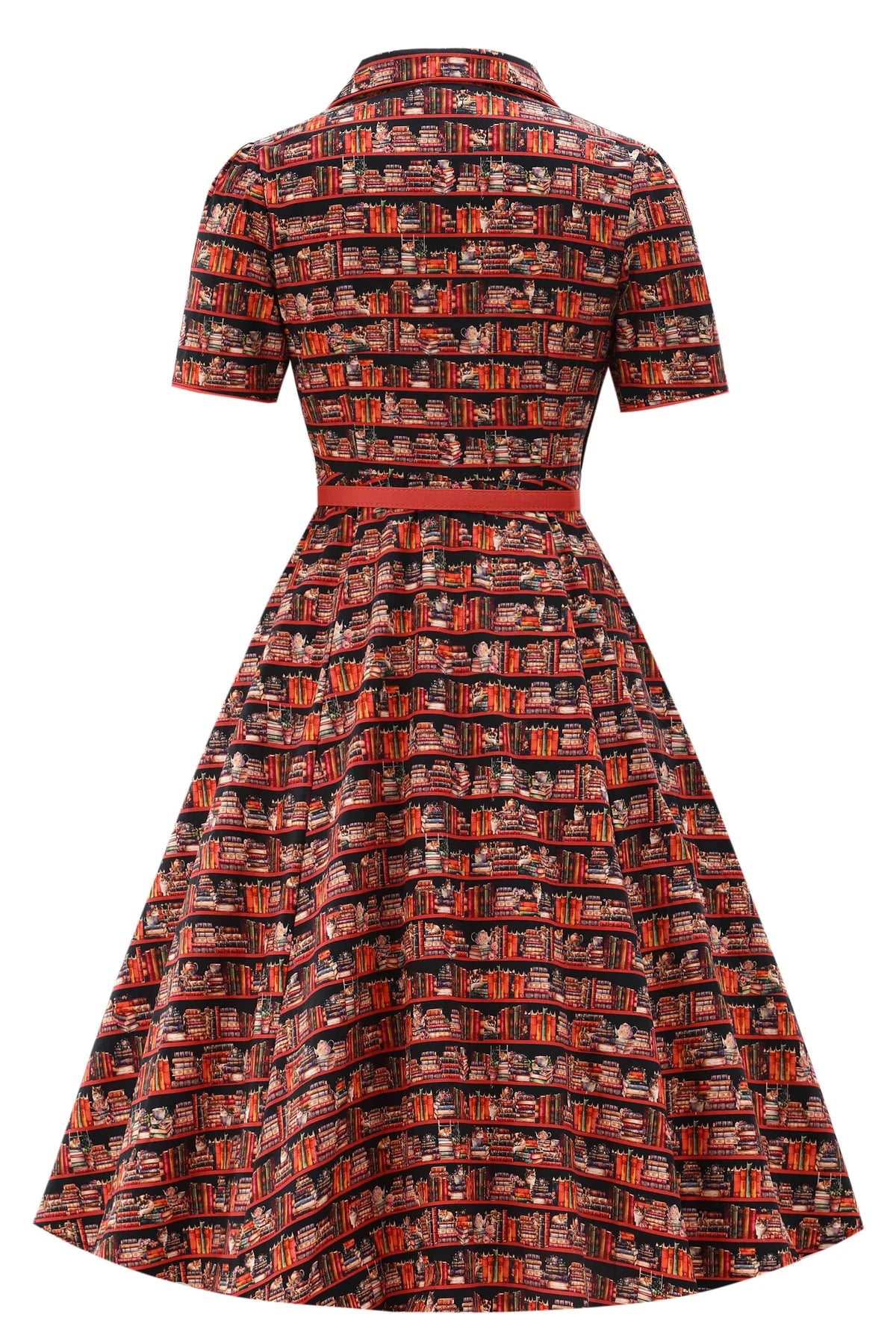 Abito midi Mabel con gatti su scaffali librerie - Stile anni '50