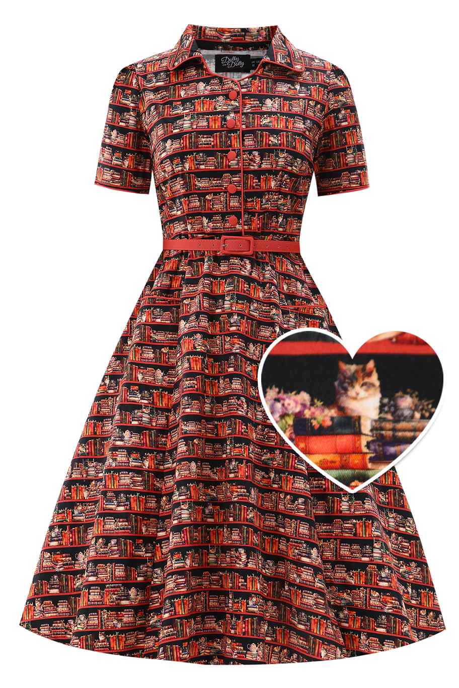Abito midi Mabel con gatti su scaffali librerie - Stile anni '50