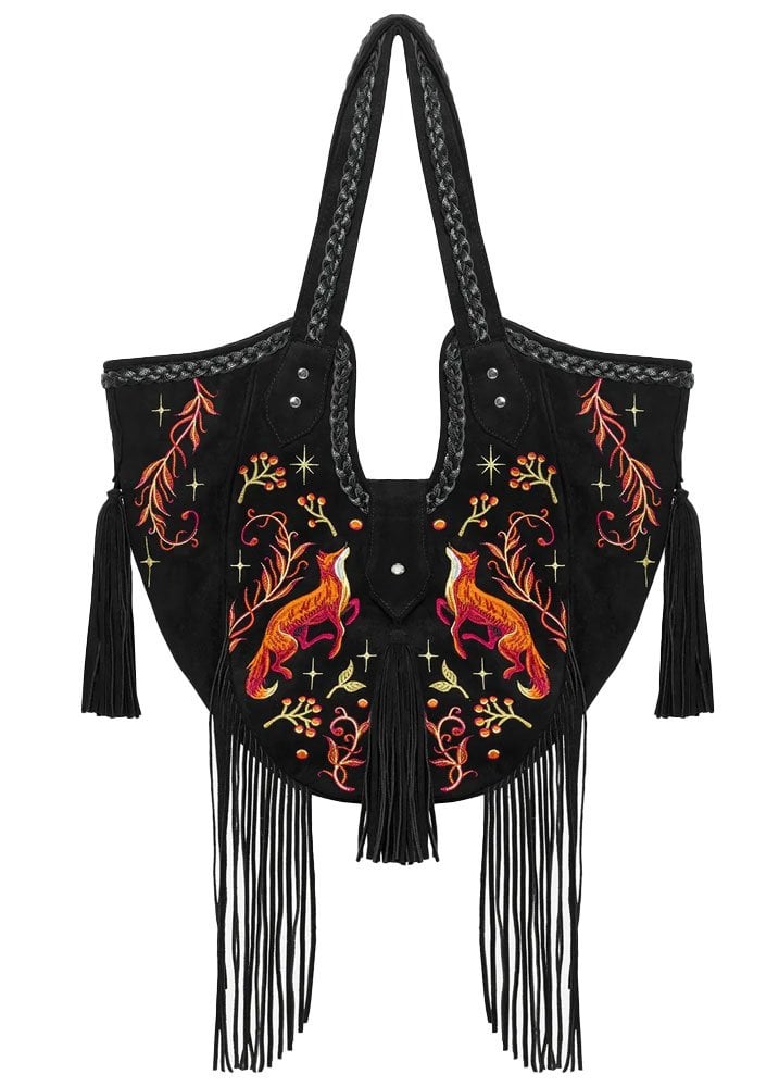 Borsa Fox Meadows – Maxi Borsa a Spalla in Finto Camoscio con Ricami di Volpe e Frange