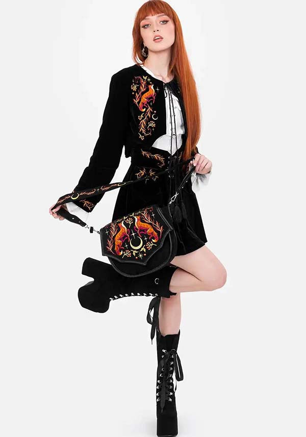 Borsa Foxfire Nights – Borsa a Tracolla in Finto Camoscio con Ricami di Volpe