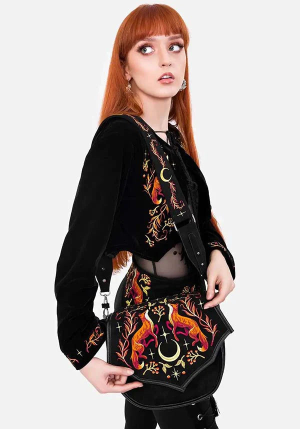 Borsa Foxfire Nights – Borsa a Tracolla in Finto Camoscio con Ricami di Volpe