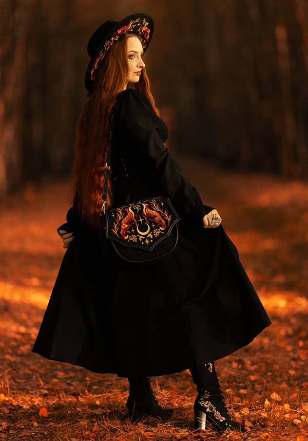 Borsa Foxfire Nights – Borsa a Tracolla in Finto Camoscio con Ricami di Volpe